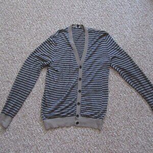 Women’s Theory Striped Navy Blue/Taupe Button Front Cardigan Sweater Size Medium